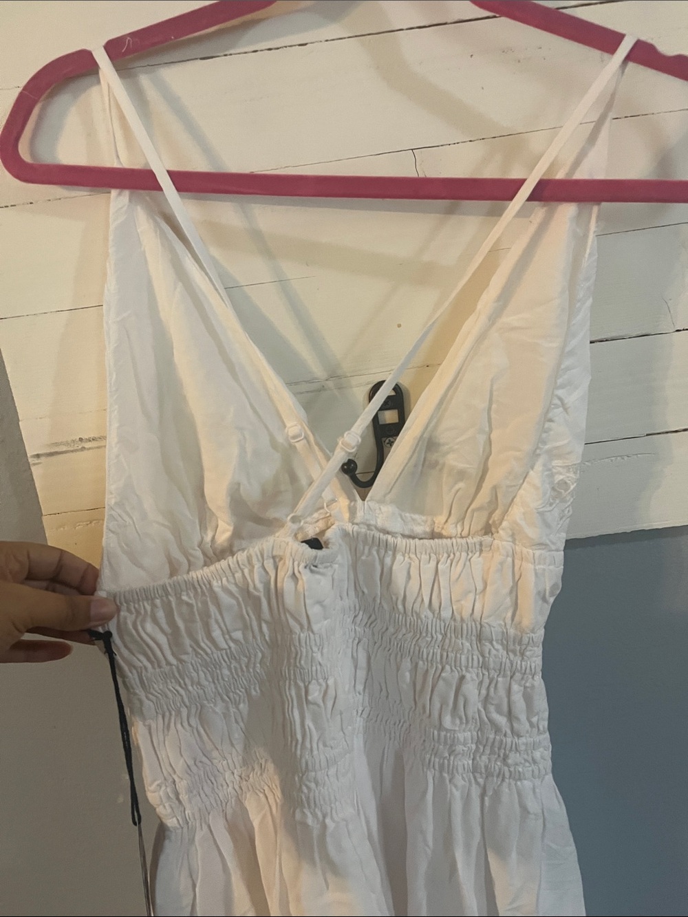 White Eyelet Smocked V-Neck Midi Dress - Picture 4 of 5